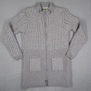 Aran Crafts Ireland 100% Merino Wool Gray Zip Up Cardigan Sweater Womens Medium
